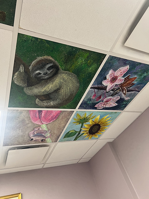 Beautiful ceiling tiles painted with sloth and flowers by students